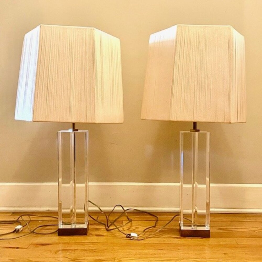 Pair Vintage Lucite and Brass Lamps with original shades Hansen